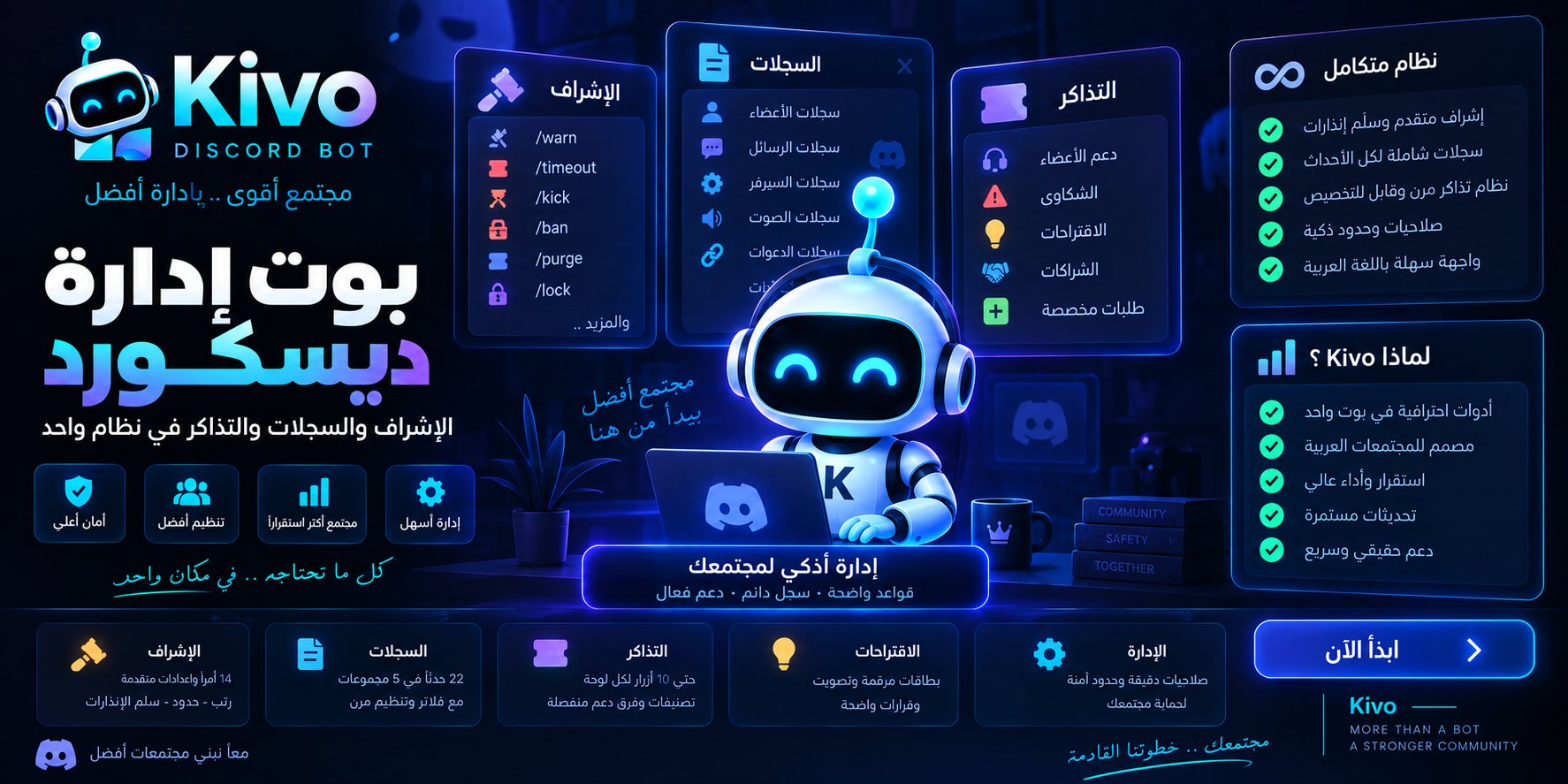 غلاف مقال بوت إدارة ديسكورد من Kivo يوضح الإشراف وسجل الأحداث ونظام التذاكر داخل نظام واحد مع توثيق العقوبات وحدود صلاحيات المشرفين
