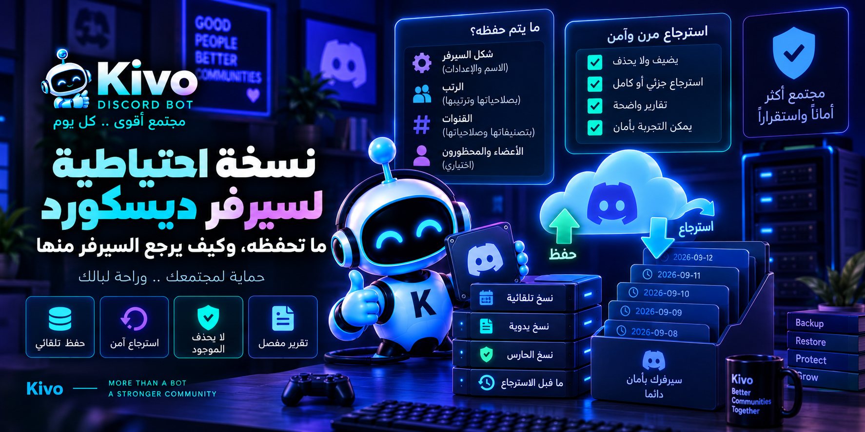 غلاف مقال النسخة الاحتياطية لسيرفر ديسكورد من Kivo يوضح حفظ الرتب والقنوات والأعضاء ثم استرجاع ما فُقد بعد التخريب
